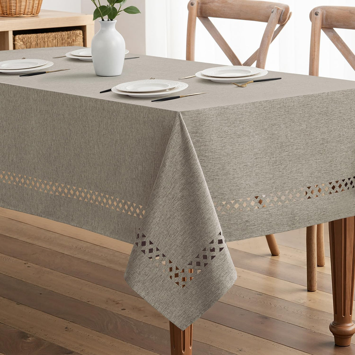 MIULEE Beige Rectangle Tablecloth with Decorative Cutouts 60x84 Inch