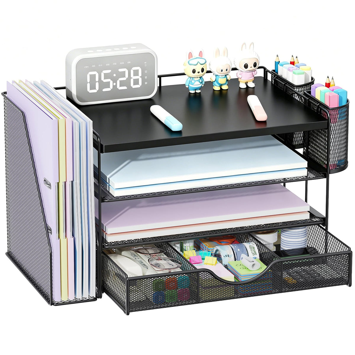 gianotter Wood Desk Organizers and Accessories with File Holder, 4-Tier Desk Accessories & Workspace Organizers with Drawer and 2 Pen Holder, Desk Reference Organizer (Black, 4T with Metal Drawer)