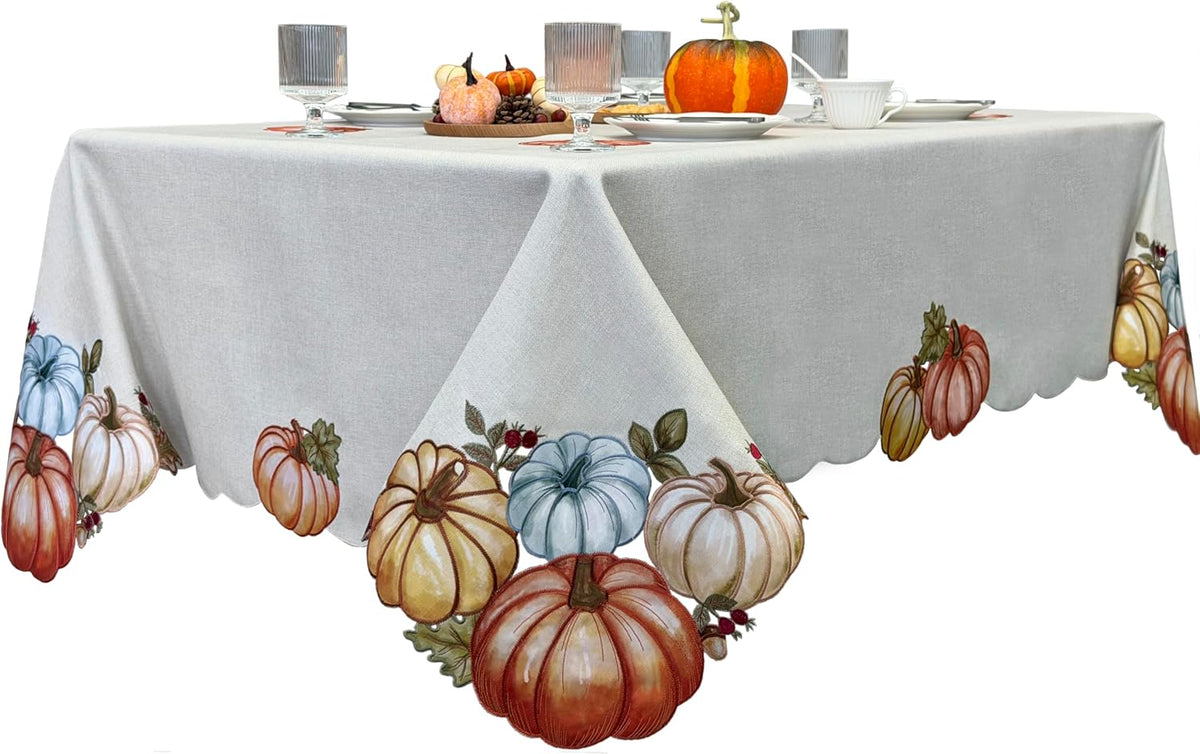 KEVA Fall Tablecloth 60x84 Inch, Autumn Pumpkin Cutwork Embroidered Tablecloth, Harvest Thanksgiving Table Decor for Kitchen Dining Table