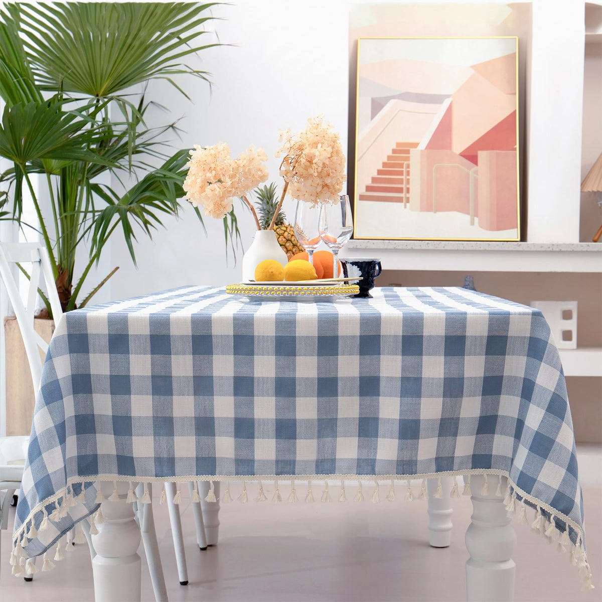 Midsummer Breeze Farmhouse Gray Khaki Gingham Tablecloth Rectangle 55”x70”