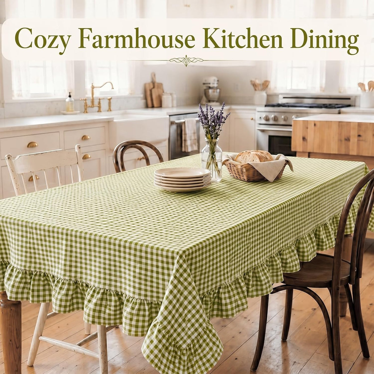 Green White Gingham Ruffled Tablecloth Rectangle 55" x 70" Farmhouse Cotton Plaid Table Cloth with Short Ruffle, Checker Table Cover for Boho Dining Room Kitchen Picnic Home Party Decoration