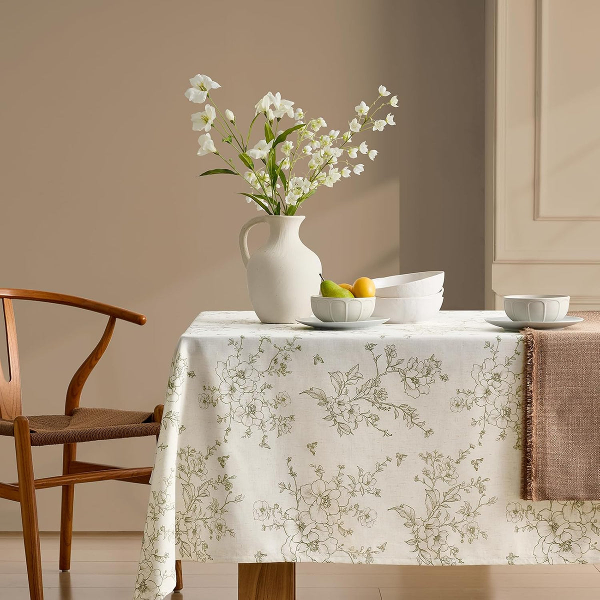 Green Floral Tablecloth Vintage French Rustic Linen Tablecloth Rectangular
