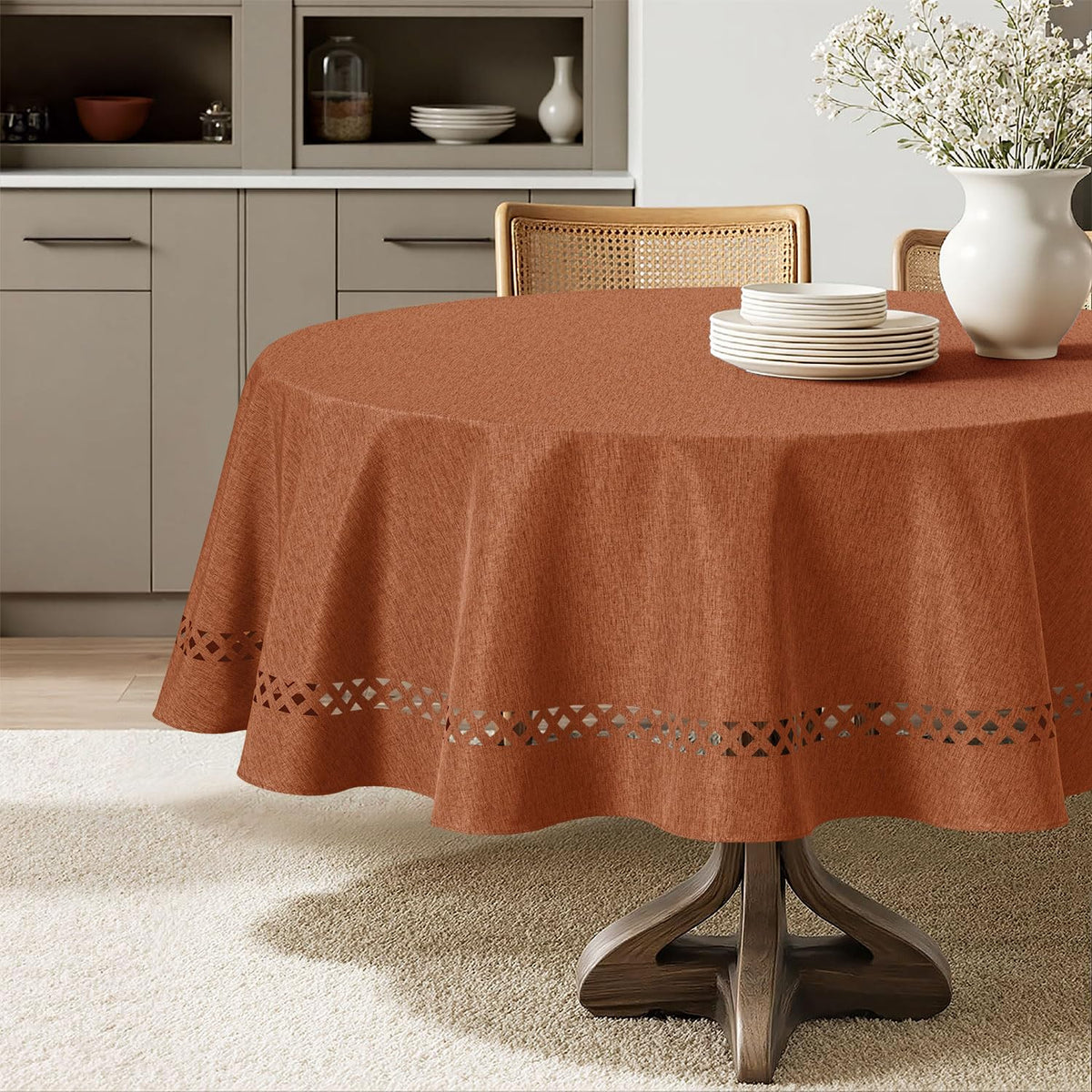 MIULEE Beige 60 Inch Round Linen Tablecloth with Decorative Cutouts