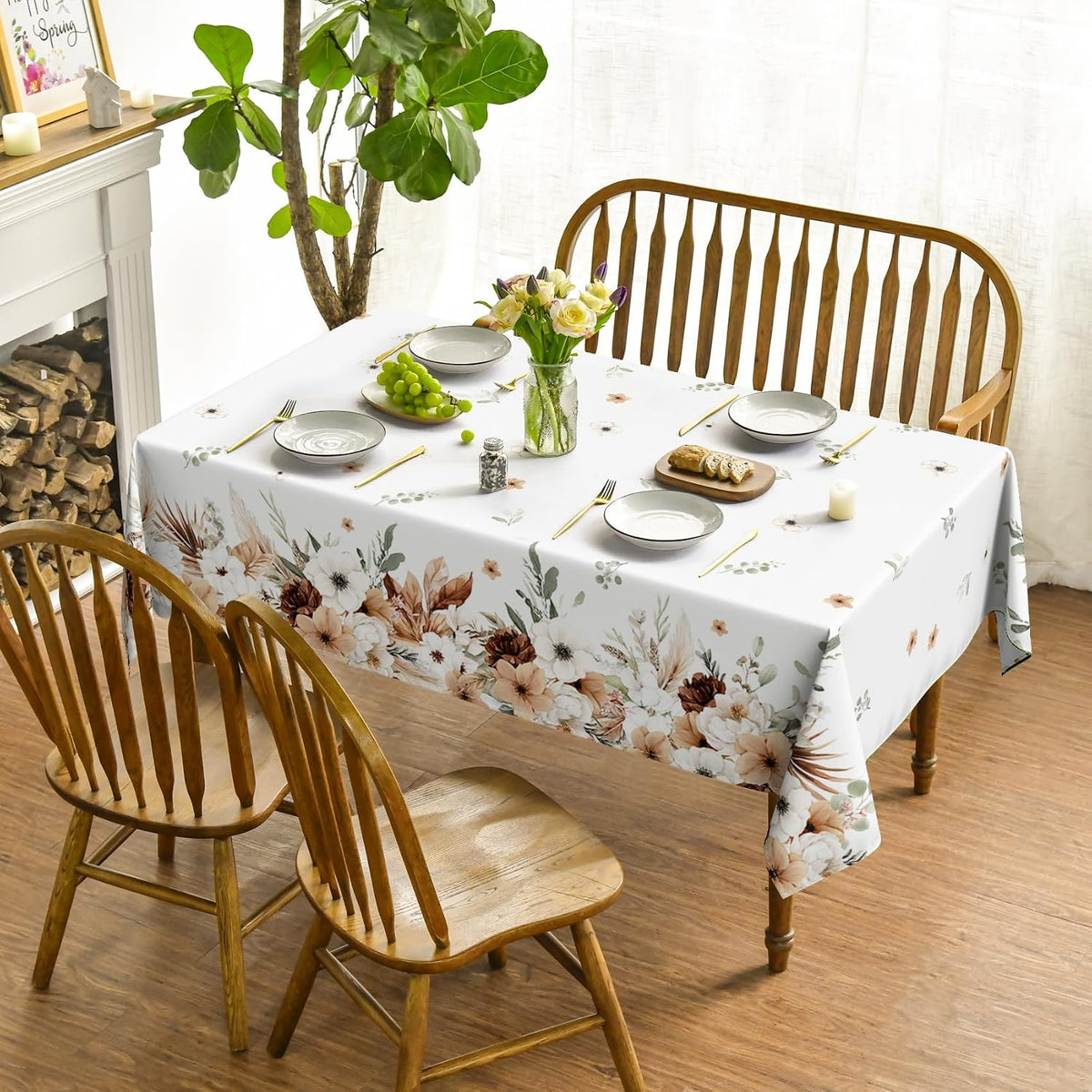 Horaldaily Tablecloth 60×84 Inch Rectangle, Peony Poppy Flower Brown