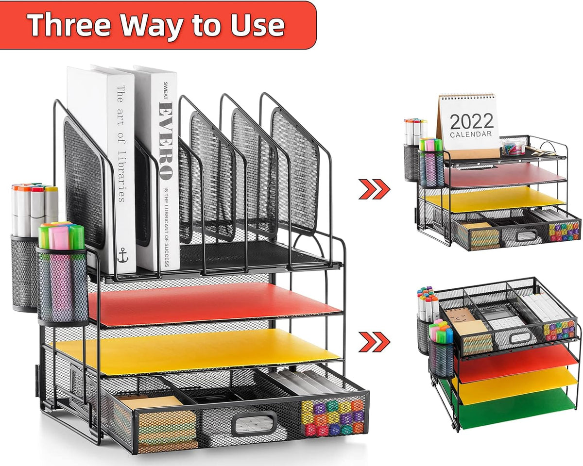 Marbrasse Desk organizer with Drawer, 4-Tier Mesh File Organizer with 5 Vertical File Holders and 2 Pen Holders, Multifunction Desktop Organizer,Desk Organizers and Accessories for Home Office