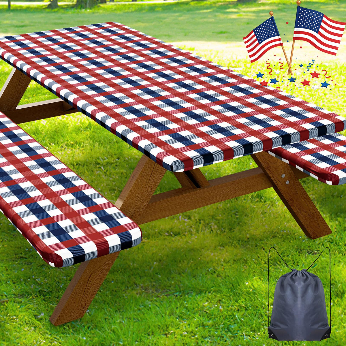 Smiry 6FT Picnic Table Cover with Bench Covers, Elastic Fitted Tablecloth