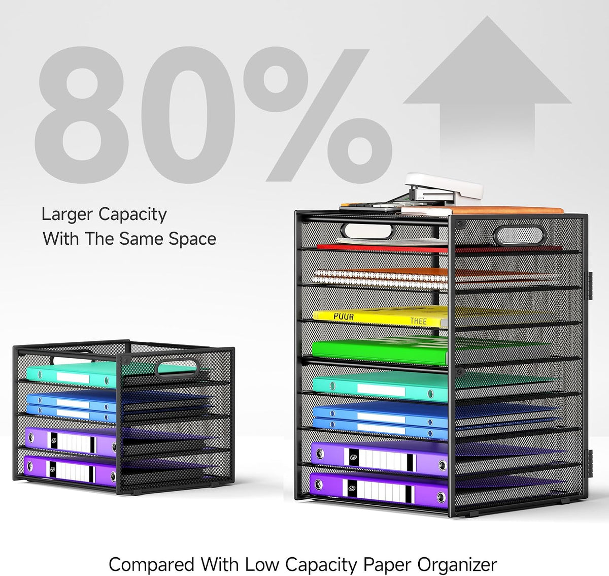 Cawukege 9 Tier Paper Organizer with Handle, Black Large Capacity Desk Organizer Mesh File Folder Letter Paper Tray Desktop Document Sorter for Classroom, School, and Office Accessories Organization