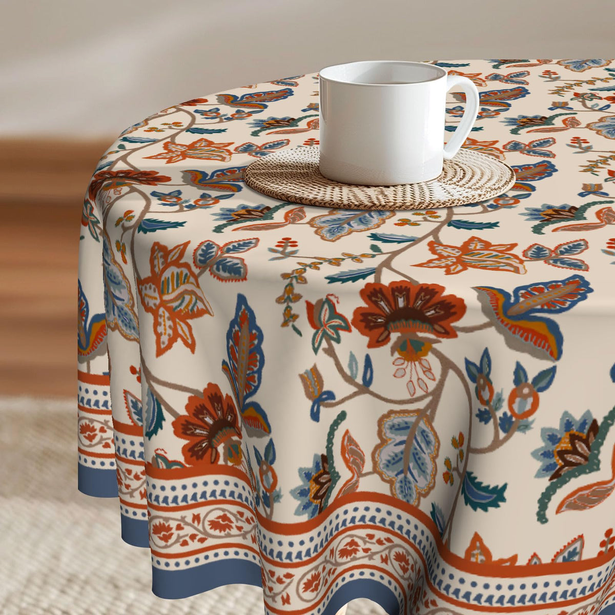 Imiss Floral Round Tablecloth Durable Washable Table Cover Bohemian Blue Red Floral Branches Decorative Farmhouse Table Cloth 60 Inch for Kitchen Dining Party Camping