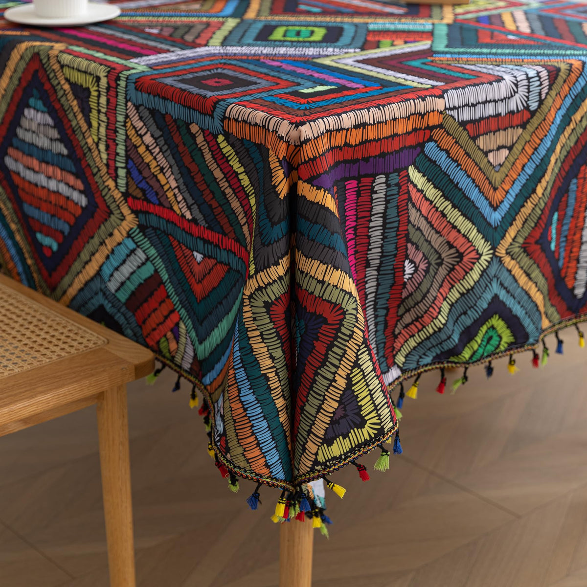 Boho Tablecloth for Square Tables,Fringed Edges with Geometric Pattern Tablecloths,Farmhouse Floral Table Cover Cloth Decorative for Kitchen Dining Room,59"x 59"