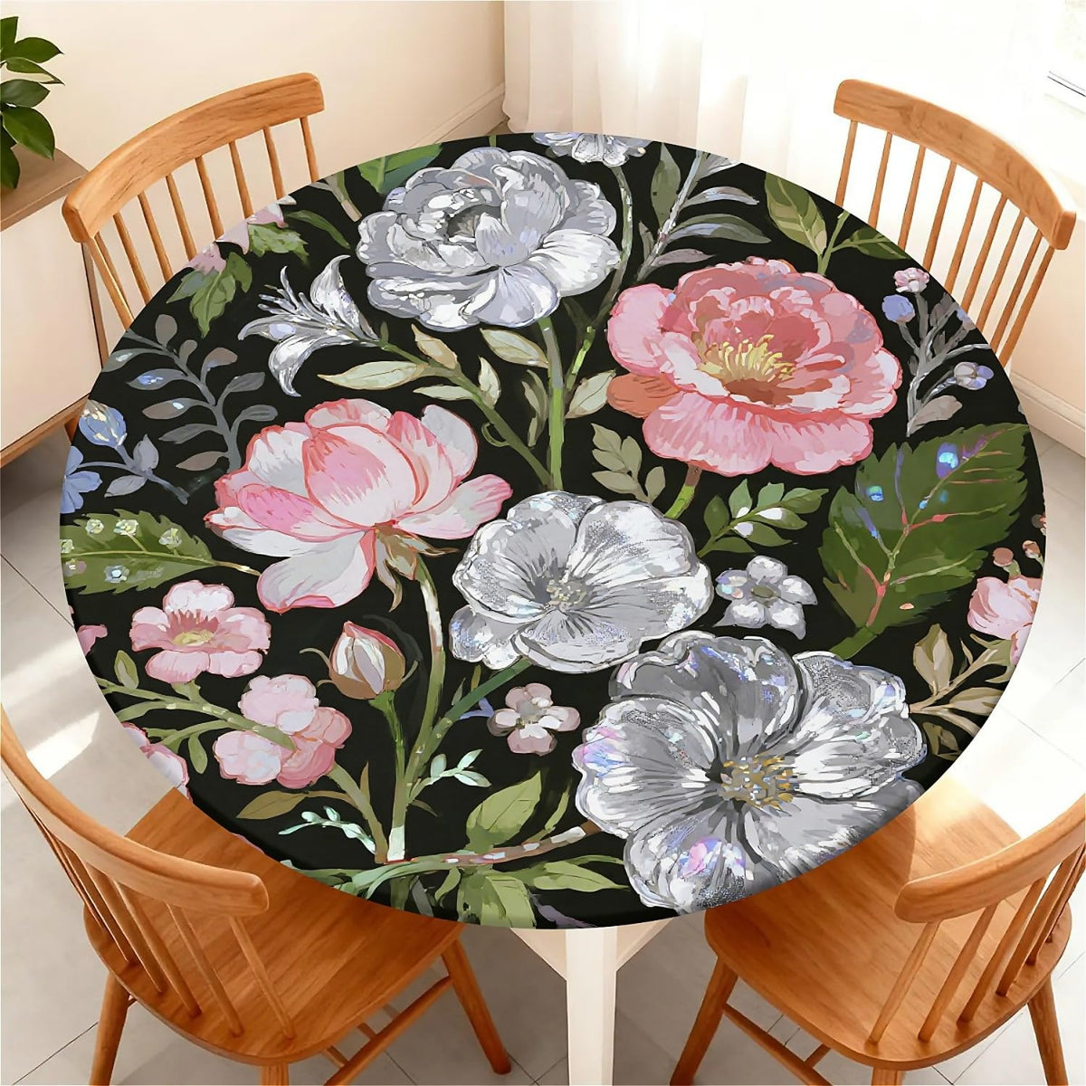 Round Fitted Tablecloth with Elastic Edge, Waterproof Stain Resistant Fabric Table Cover for 45"-48" Round Table, Indoor Outdoor Dining, Kitchen Decor, Camping, Party, Holiday, Black White Marble