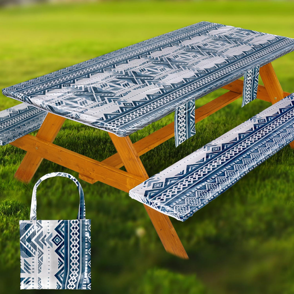 Fitted Picnic Table Cover with Bench Covers Vinyl Waterproof Elastic Edges Fitted Rectangle Tables Patio Tablecloth Camping Gear and Essentials Rv Accessories Road Trip Supplies Car Travel Must Haves