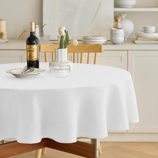 Decorelia Fabric Round Tablecloths 48 inch, Waterproof Decorative Washable Texture Rustic Circle Table Cloth Cover for Dining Kitchen Party Farmhouse Outdoor(Round (2-4 Seats), White)