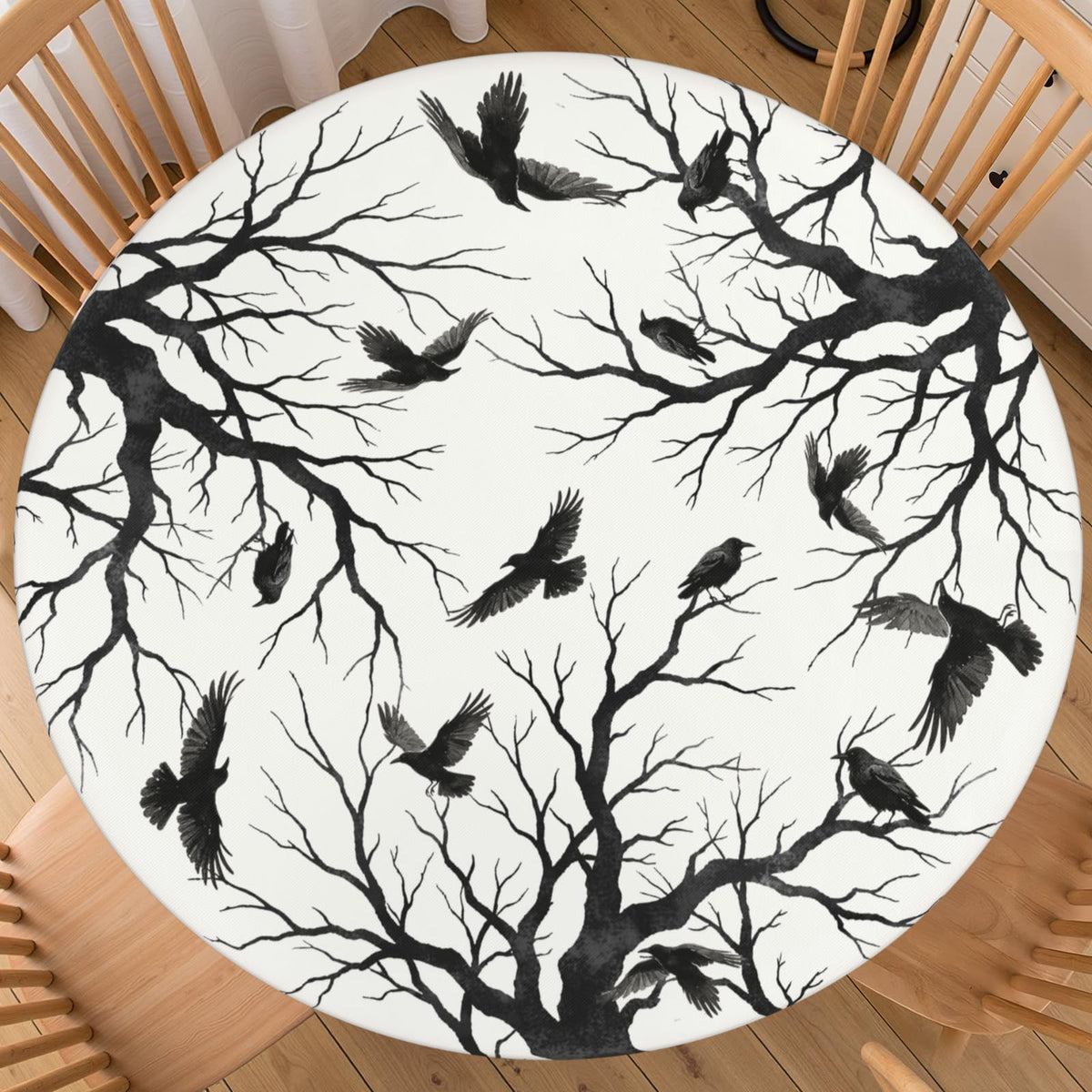 Halloween Polka Dot Round Fitted Tablecloth with Elastic Black Cat Ghost Pumpkin Bat Bowtie Whimsical Table Cloth Decorative Washable Spooky Cute Table Cover Outdoor Kitchen Dining for 44"-48" Table