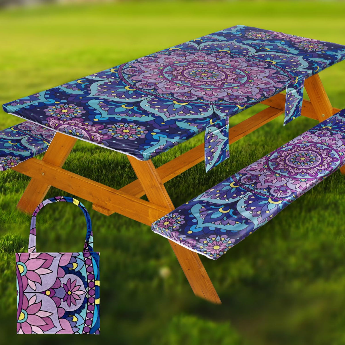 Fitted Picnic Table Cover with Bench Covers Vinyl Waterproof Elastic Edges Fitted Rectangle Tables Patio Tablecloth Camping Gear and Essentials Rv Accessories Road Trip Supplies Car Travel Must Haves