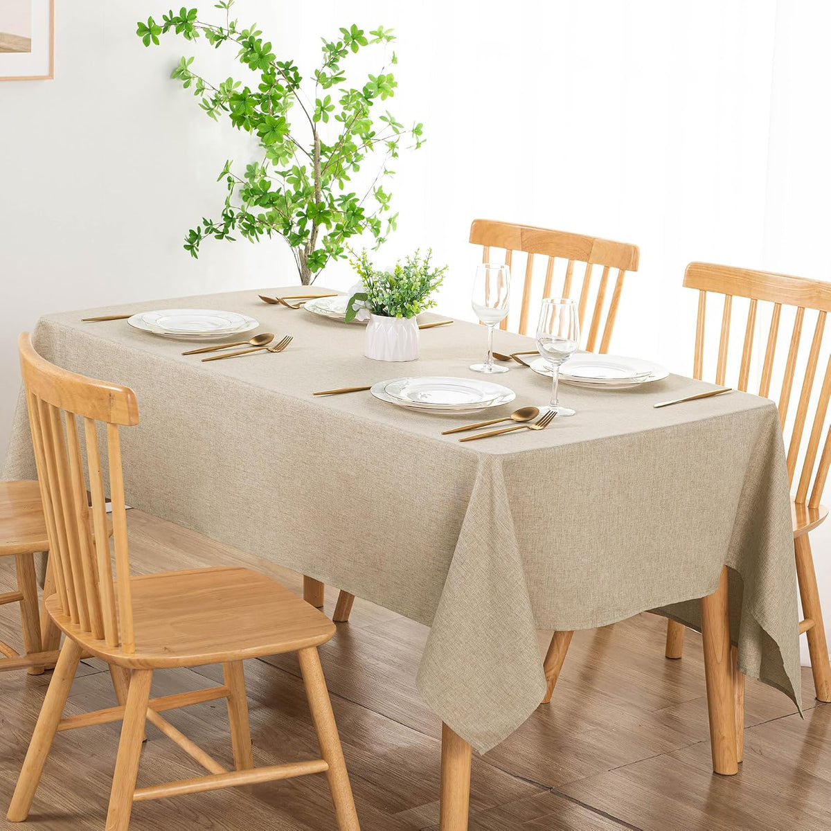 DWCN Rectangle Faux Linen Tablecloth, Table Cover, 52 x 70 Inch, Beige