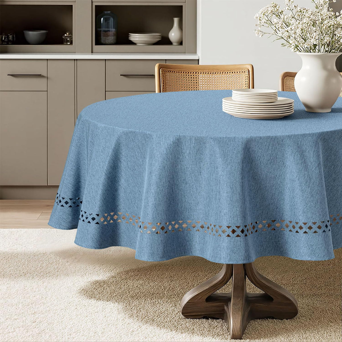 MIULEE Beige 60 Inch Round Linen Tablecloth with Decorative Cutouts