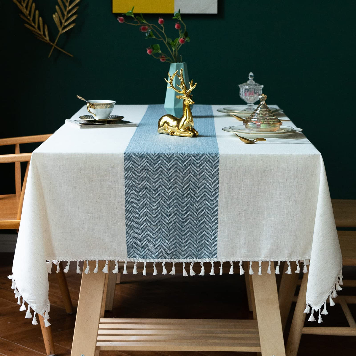 JIALE Tablecloths for Rectangle Tables, Cotton Linen Table Cloth Waterproof Tablecloth Wrinkle Free Farmhouse Dining Tables Cover, Soft Fabric Table Cloths with Tassels, Brown, 55" X 70", 4-6 Seats