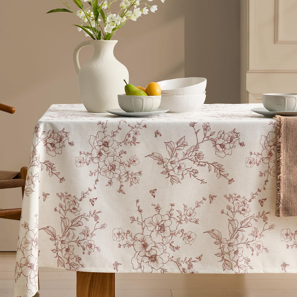Green Floral Tablecloth Vintage French Rustic Linen Tablecloth Rectangular