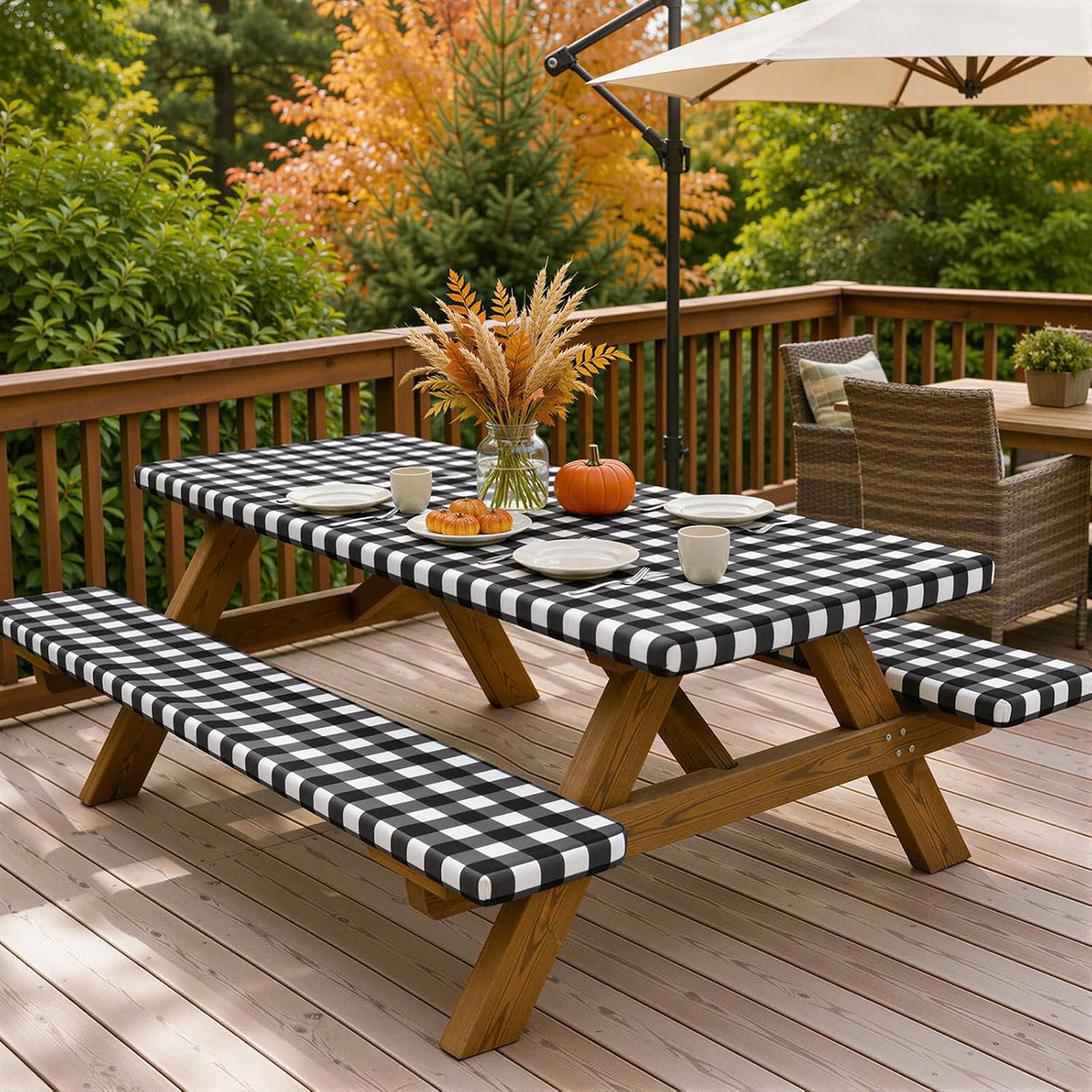 Smiry 6FT Picnic Table Cover with Bench Covers, Elastic Fitted Tablecloth
