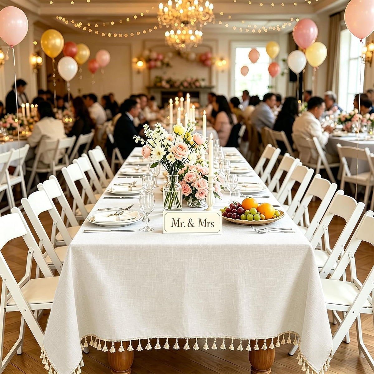 Alsoo Ivory Tablecloth Rectangle Linen Cotton Texture, Waterproof Heavy Duty Farmhouse Wrinkle Free Table Cloth with Tassel for Kitchen Dining Holiday Party, 55" x 75"