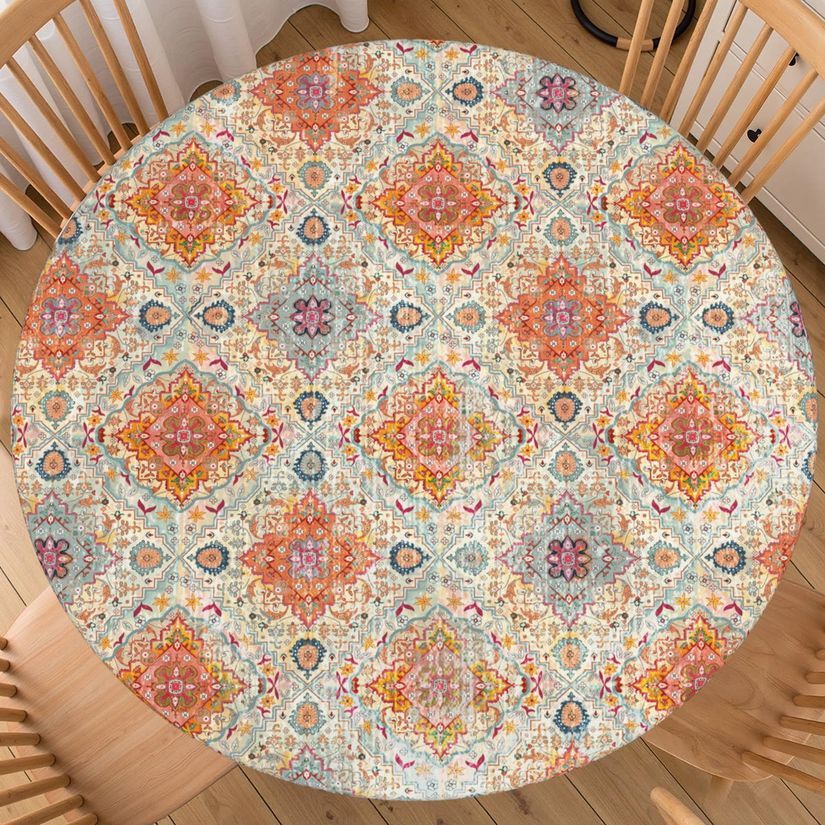 Fall Round Fitted Tablecloth with Elastic Edge Orange Blue White Thanksgiving Pumpkin Table Cover 40-44 Inch Autumn Leaf Washable Table Cloth for Kitchen Dining Room Party Decor