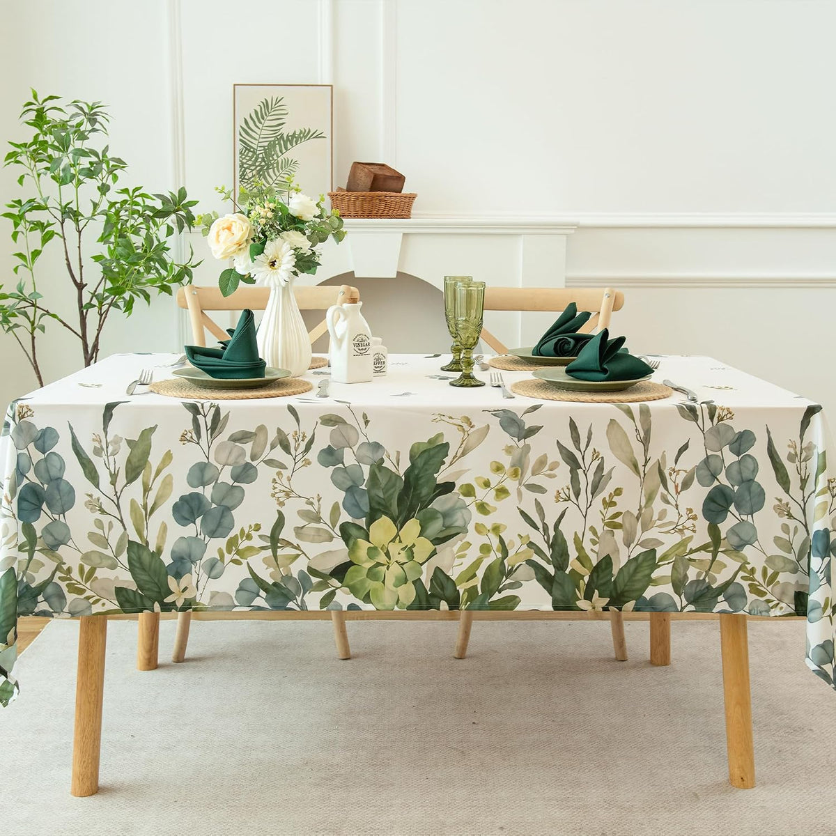 Summer Spring Tablecloth – Waterproof, Stain Resistant, Eucalyptus Floral Design for Dining, Kitchen, Outdoor, Picnic, Easy Clean, Vibrant and Durable Boho Home Decor, W60 x L84