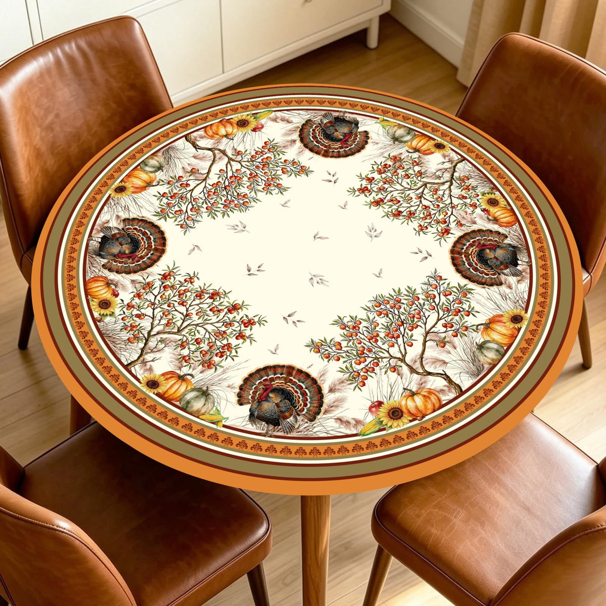 Fall Round Fitted Tablecloth with Elastic Edge Orange Blue White Thanksgiving Pumpkin Table Cover 40-44 Inch Autumn Leaf Washable Table Cloth for Kitchen Dining Room Party Decor