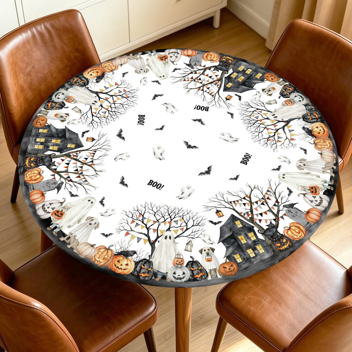 Fall Round Fitted Tablecloth with Elastic Edge Orange Blue White Thanksgiving Pumpkin Table Cover 40-44 Inch Autumn Leaf Washable Table Cloth for Kitchen Dining Room Party Decor
