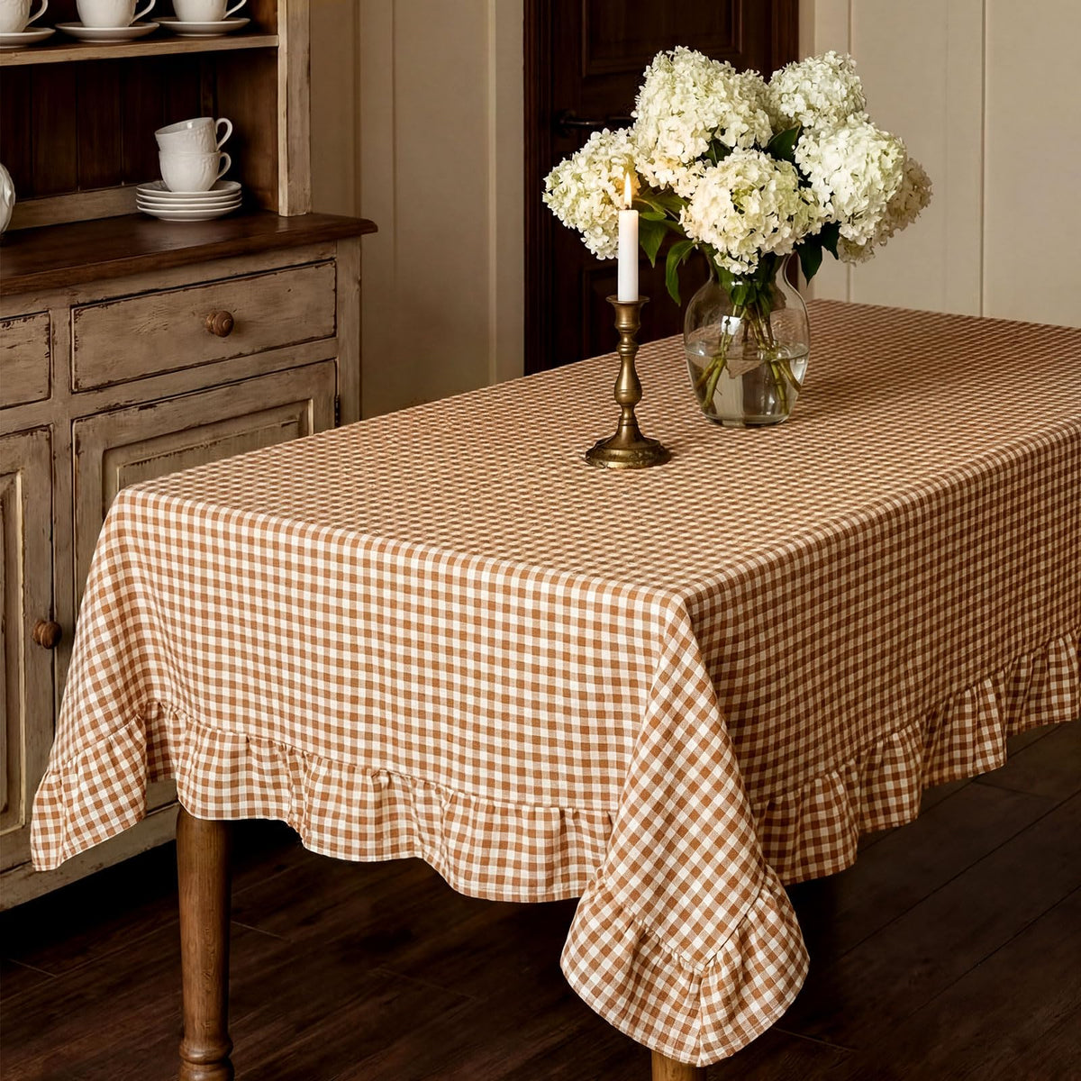 Mindsoft Brown Ruffled Gingham Tablecloth, 52 x 70 Inches, Rectangle