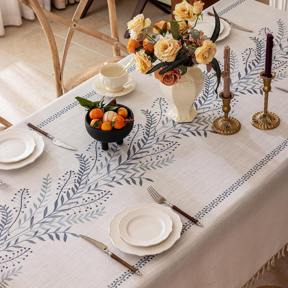 Joyfol Day Rustic Waterproof Linen Tablecloth, Heavy Weight Fern Embroidery Table Cloths for Rectangle Tables, Farmhouse Spill-Proof Table Covers with Tassels, Blue 55''x 70''