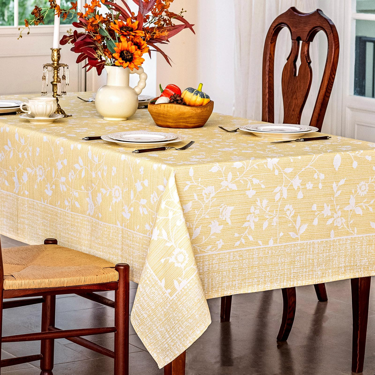 Midsummer Breeze French Country Beige Floral Tablecloth Rectangle 60”x75”