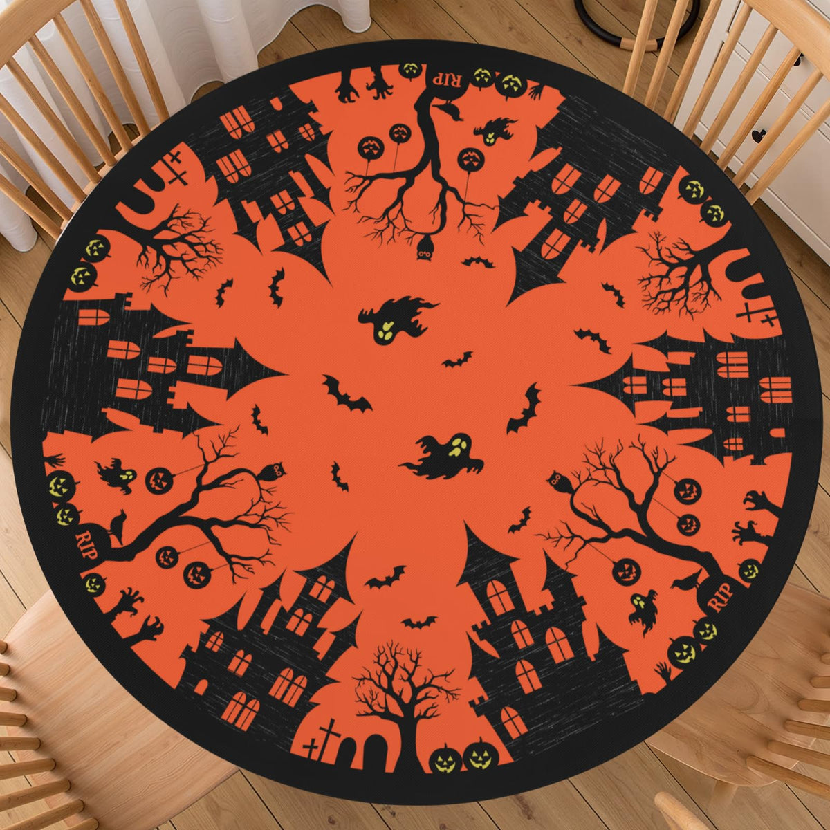 Halloween Polka Dot Round Fitted Tablecloth with Elastic Black Cat Ghost Pumpkin Bat Bowtie Whimsical Table Cloth Decorative Washable Spooky Cute Table Cover Outdoor Kitchen Dining for 44"-48" Table