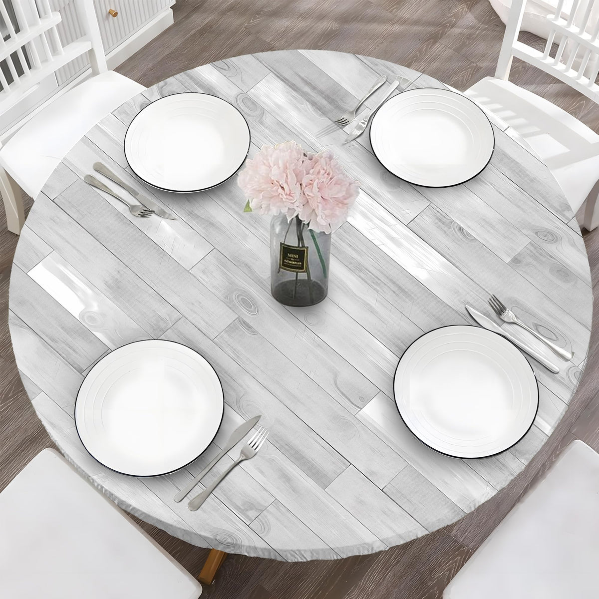 Wood Grain 48 Inch Round Fitted Cloth Tablecloth with Elastic Edged, Waterproof Oil Proof Wipeable Table Cover for Indoor Outdoor Patio Table, Fits Round Tables Up to 46" - 50" Diameter