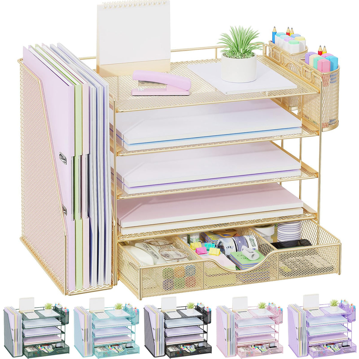 gianotter Desk Organizers and Accessories with File Holder, 4-Tier Desk Accessories & Workspace Organizers with Drawer and 2 Pen Holder, Paper Organizer for Office Supplies (Blue)
