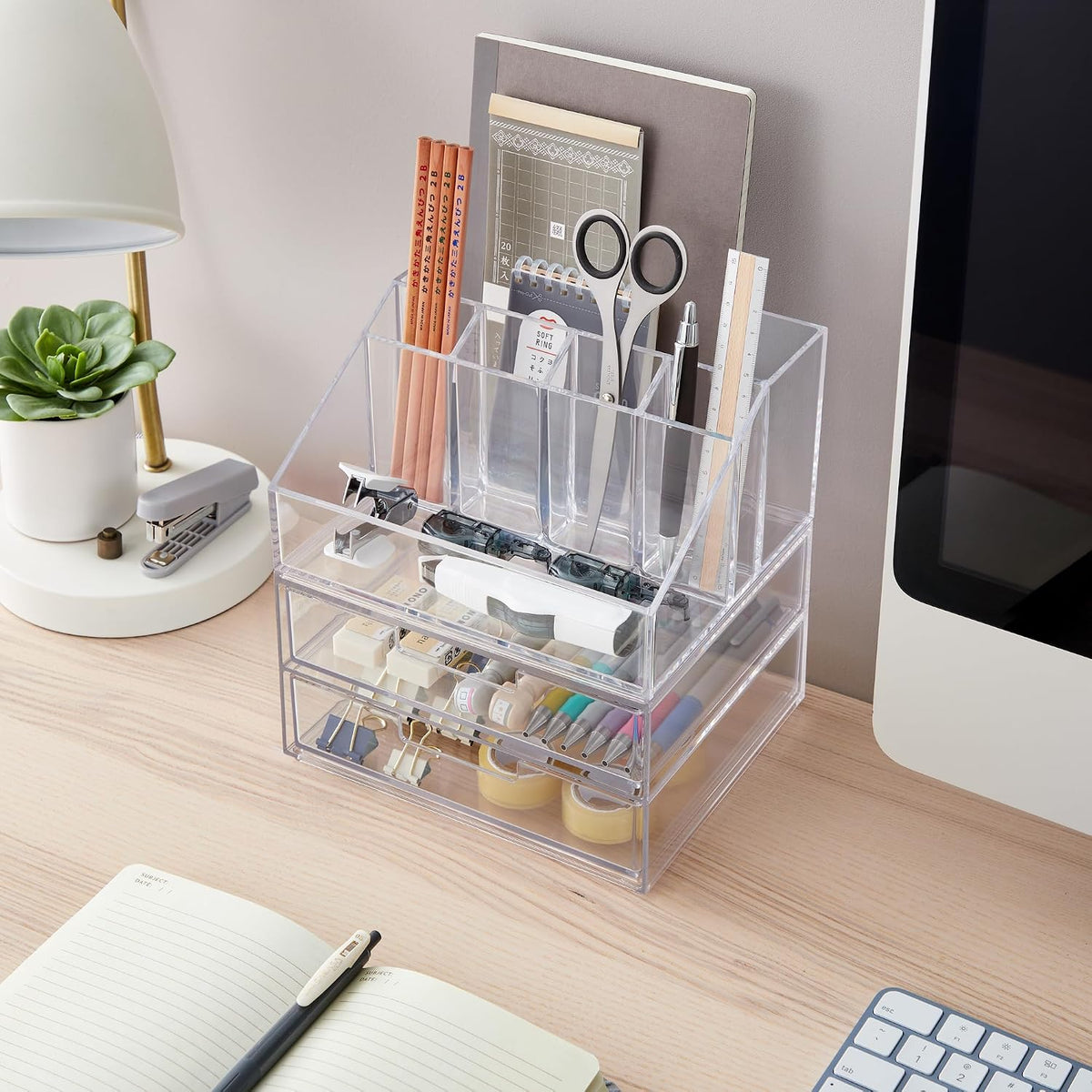 STORi Stackable Desk and Drawer Organizer, Clear, 6 Compartment Organizer with 2 Wide Drawers