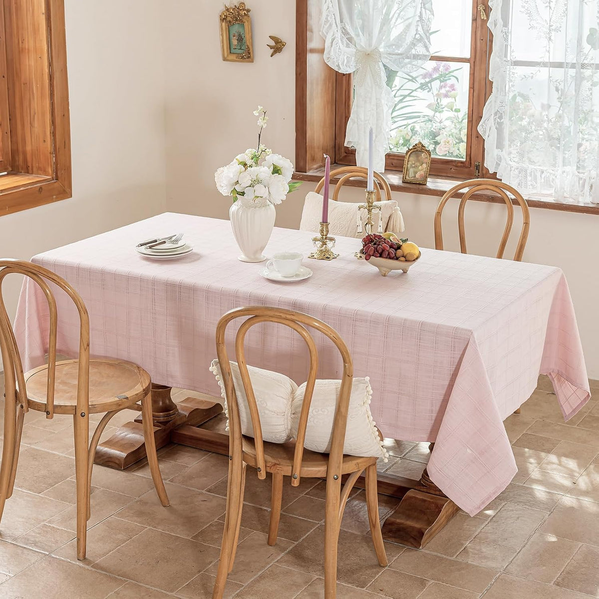 Laolitou Light Pink Embroidered Grid Tablecloth, Wrinkle Resistant, 52"x70"