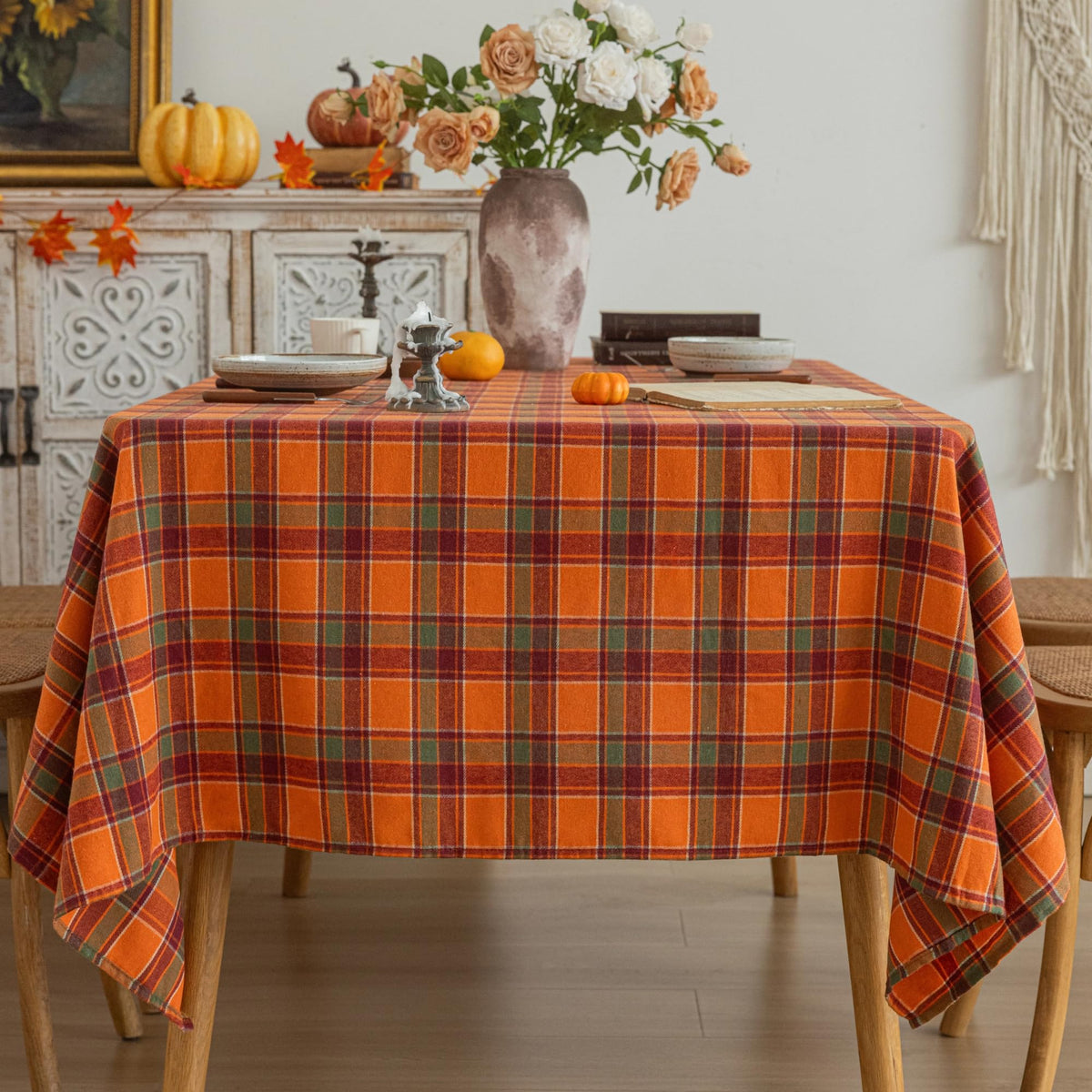 AQOTHES Plaid Fall Tablecloth Thanksgiving Rectangle 60x84 Inch Rust