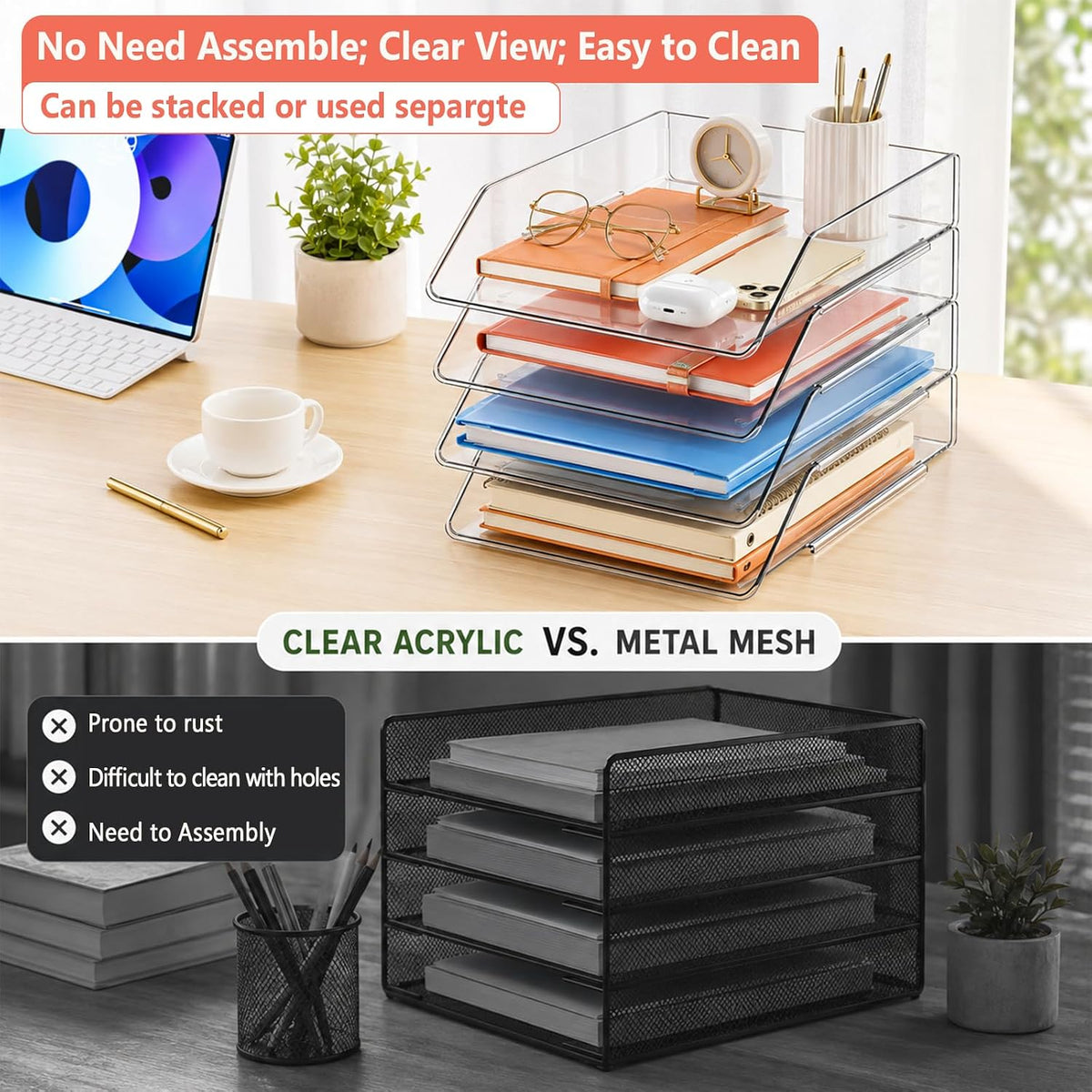 4 Tier Stackable Acrylic Paper Organizer Letter Tray for Desk