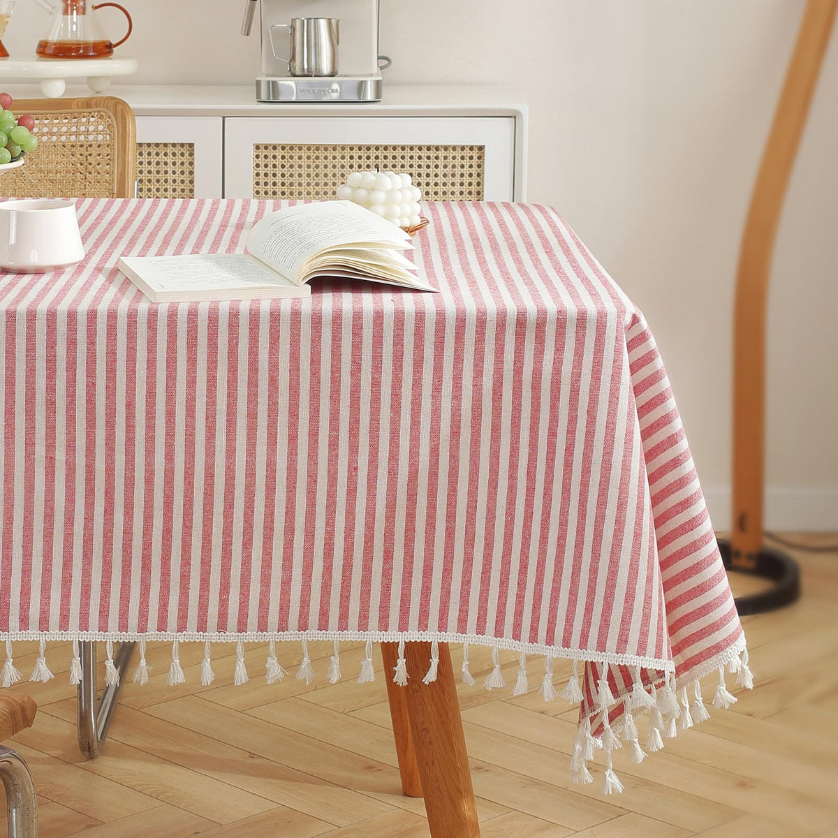 meioro Table Cloth Blue White Striped Tablecloth Tassels Cotton Blend Dust-Proof Table Cover for Dining Coffee Buffet Kitchen Picnic Tables, Parties Indoor Outdoor Square Tablecloths (36x36 Inch)