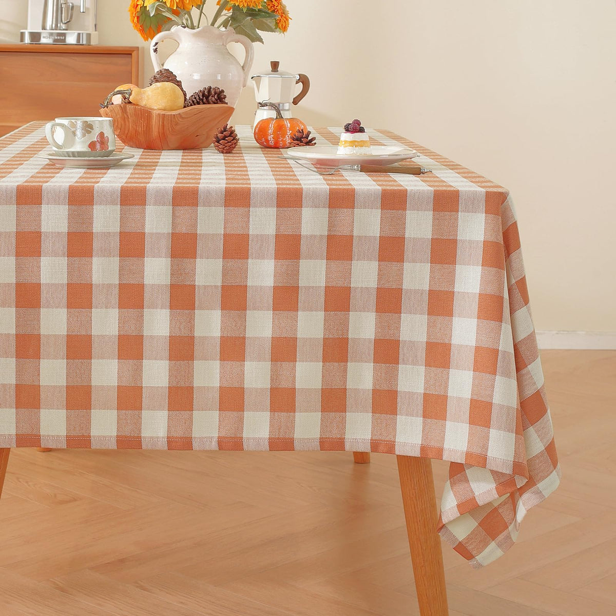 Alsoo Checkered Tablecloth Rectangle Washable Buffalo Plaid Table Cloth Cotton Linen Gingham Table Cover for Picnic Kitchen Dining Room, Beige and White, 60 * 75