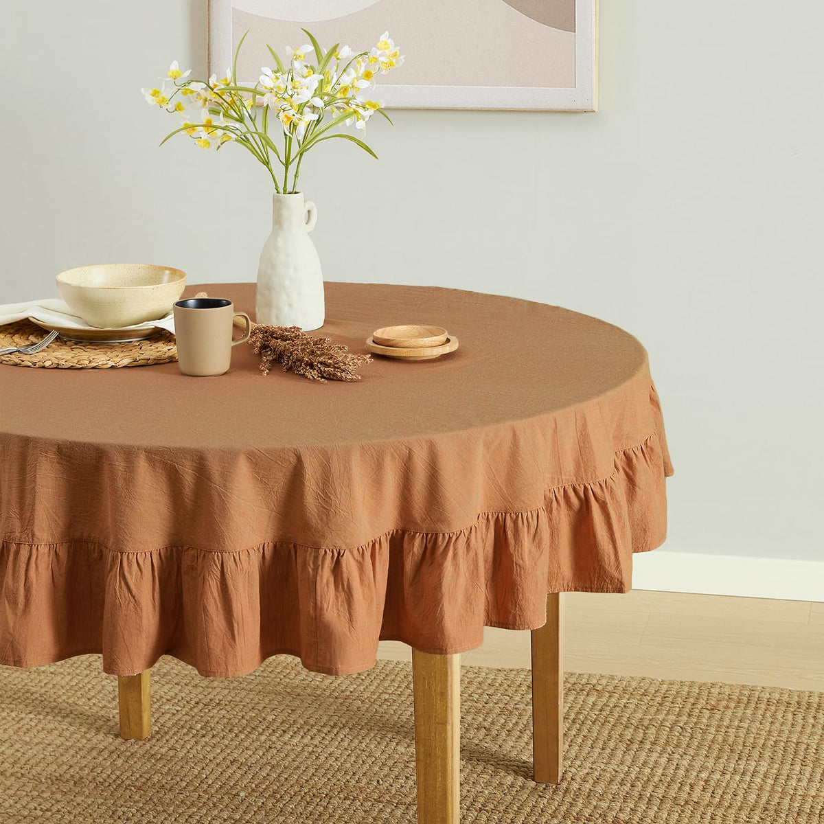 MONDAY MOOSE Ruffle Farmhouse Rustic Rectangle Natural Stonewashed Cotton Tablecloth for Kitchen, Dining Room, Restaurant (60x86 inch, Teal Green)