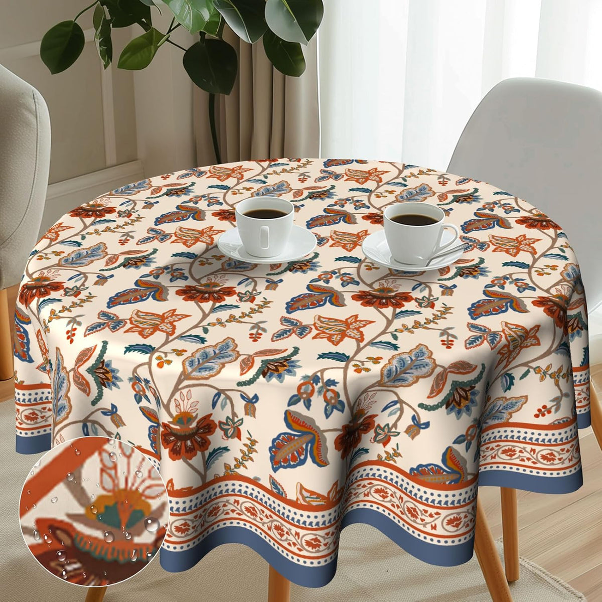 Imiss Floral Round Tablecloth Durable Washable Table Cover Bohemian Blue Red Floral Branches Decorative Farmhouse Table Cloth 60 Inch for Kitchen Dining Party Camping