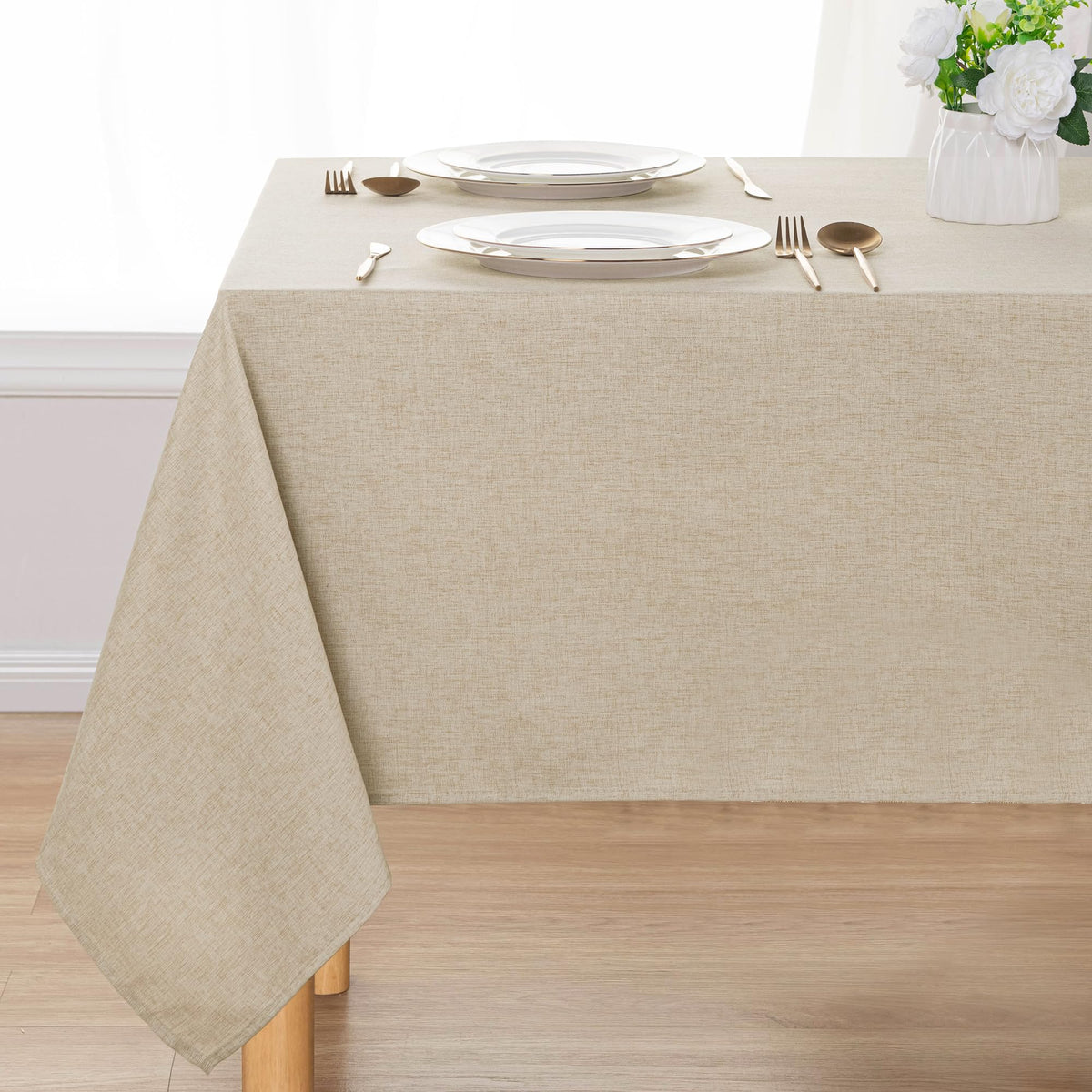 DWCN Rectangle Faux Linen Tablecloth, Table Cover, 52 x 70 Inch, Beige