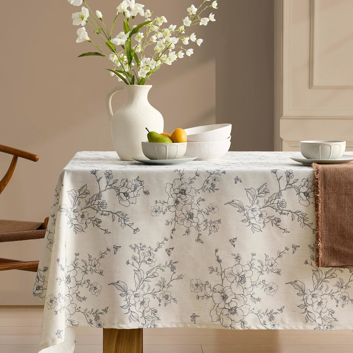 Green Floral Tablecloth Vintage French Rustic Linen Tablecloth Rectangular
