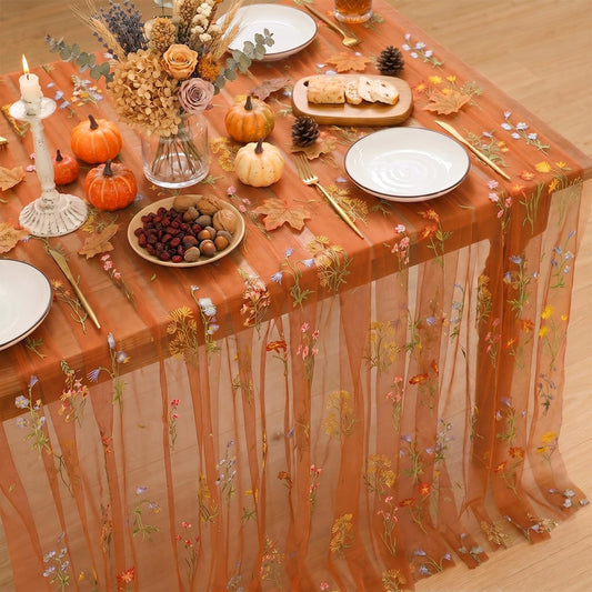 Horaldaily Embroidery Fall Caramel Tablecloth 60×84 Inch Rectangular