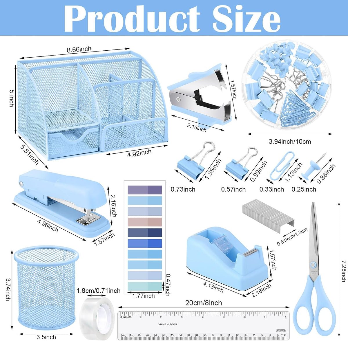 11 In 1 Blue Desk Organizer And Accessories, Light Blue Office Supplies Include Stapler, Tape Dispenser, Pen Holder, Staple Remover, Clips, Ruler, Scissors, Tapes, Tabs
