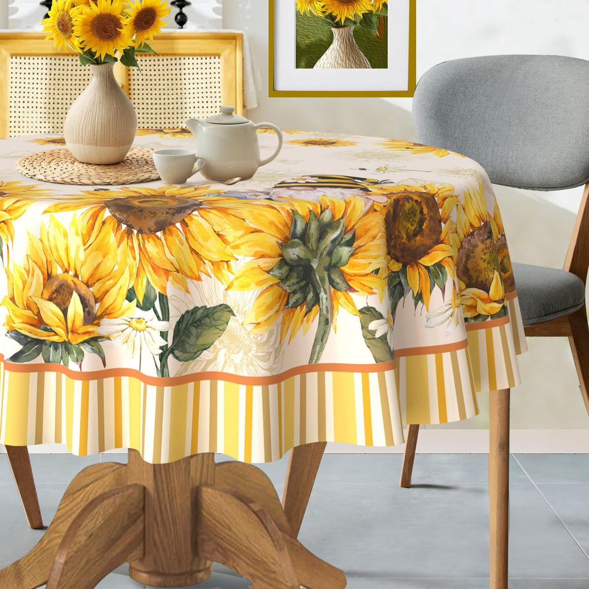 Hexagram Summer Tablecloth 60x84 Inch Rectangle, Sunflower Tablecloths