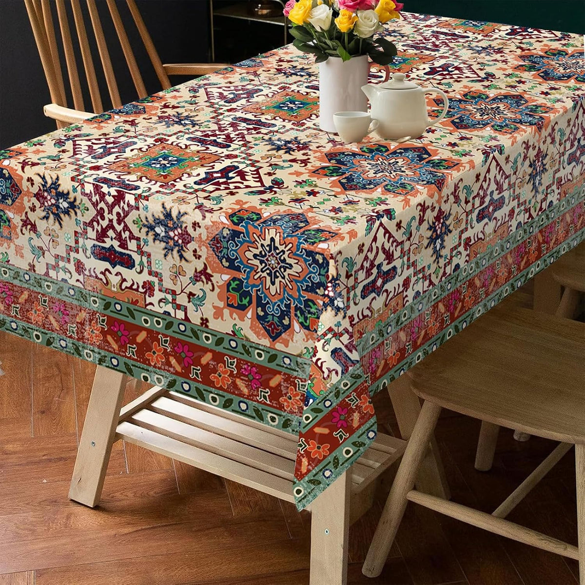 Hexagram Boho Tablecloth 60x84 Inches Rectangle, Bohemia Style Tablecloth