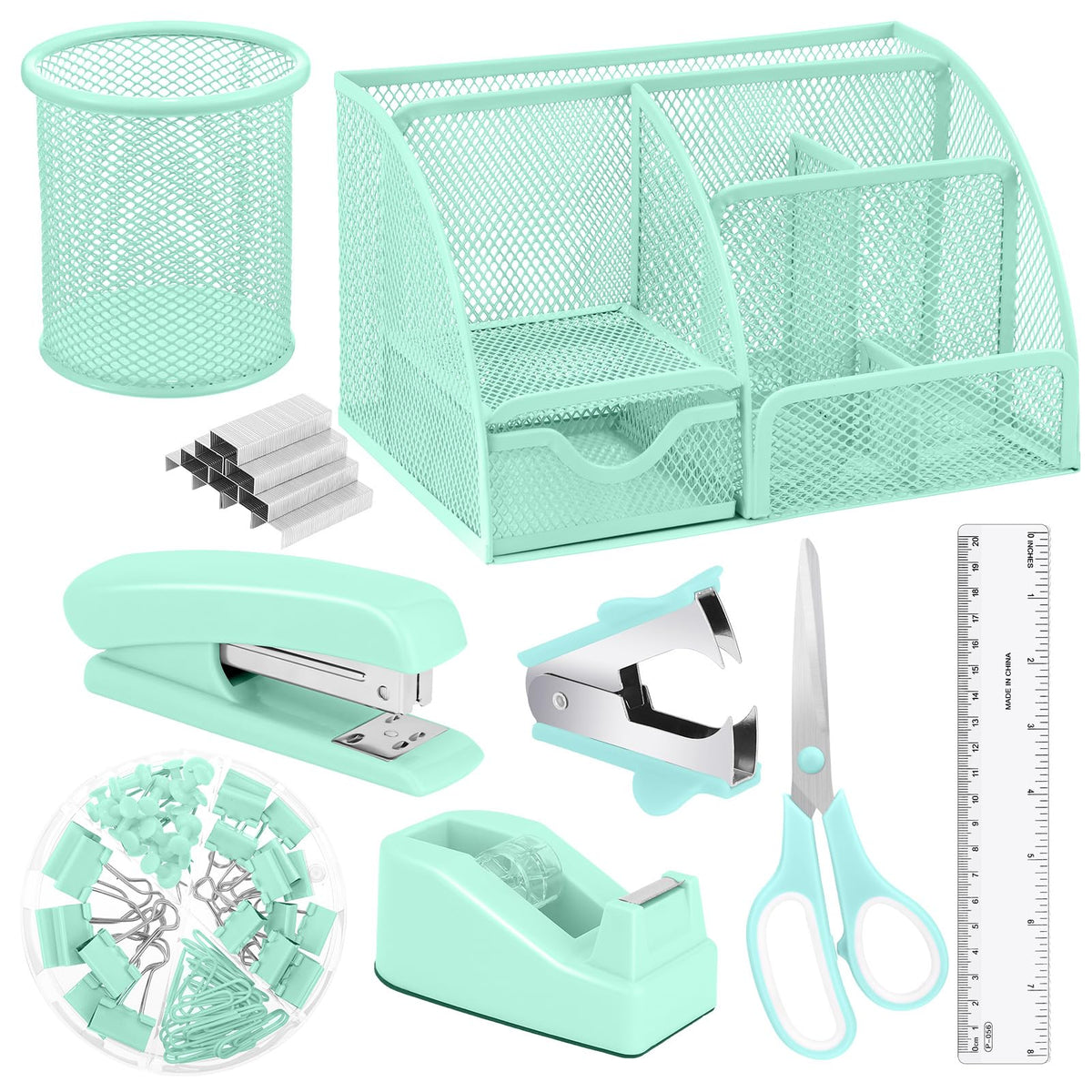 11 In 1 Blue Desk Organizer And Accessories, Light Blue Office Supplies Include Stapler, Tape Dispenser, Pen Holder, Staple Remover, Clips, Ruler, Scissors, Tapes, Tabs