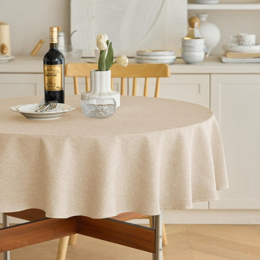Decorelia Waterproof Round Tablecloth for Round Dining Table, Decorative Rustic Soft Wipeable Table Cloths Cover Indoor Outdoor Use for Holiday,Wedding, Kitchen (70 Inch,Round (4-6 Seats),Beige)